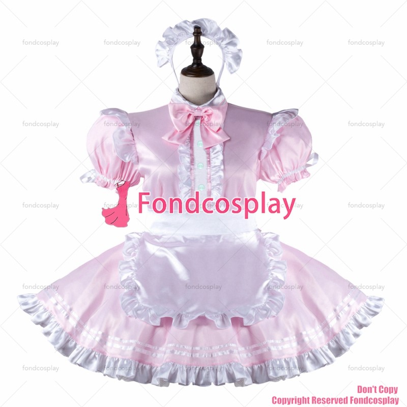 fondcosplay adult sexy cross dressing sissy maid baby pink satin dress lockable Uniform white apron costume CD/TV[G2279]
