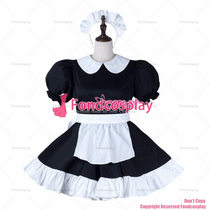 fondcosplay adult sexy cross dressing sissy maid black cotton dress Buttons white apron Peter Pan collar CD/TV[G2273]