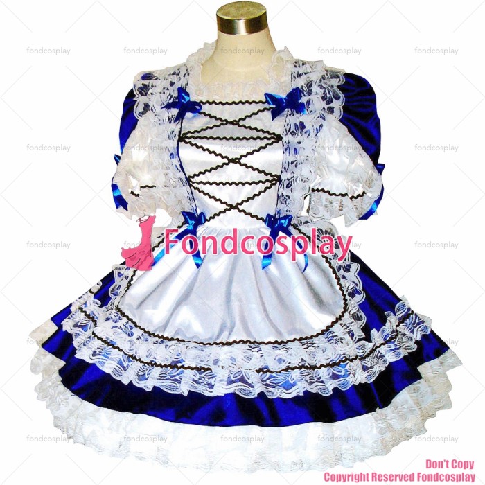 fondcosplay adult sexy cross dressing sissy maid short blue satin dress lockable Uniform white apron costume CD/TV[G286]