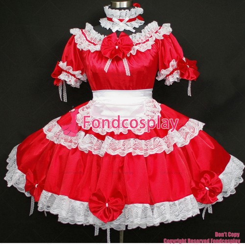 fondcosplay adult sexy cross dressing sissy maid short Satin Red Dress Lockable Uniform white apron Costume CD/TV[G296]