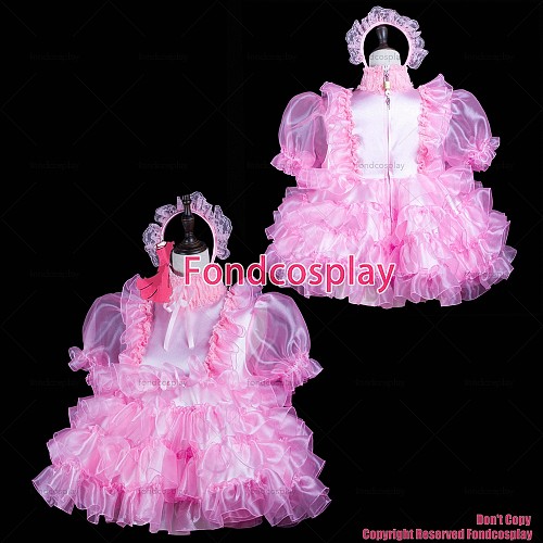 fondcosplay adult sexy cross dressing sissy maid short baby pink satin organza dress lockable Uniform costume CD/TV[G2409]