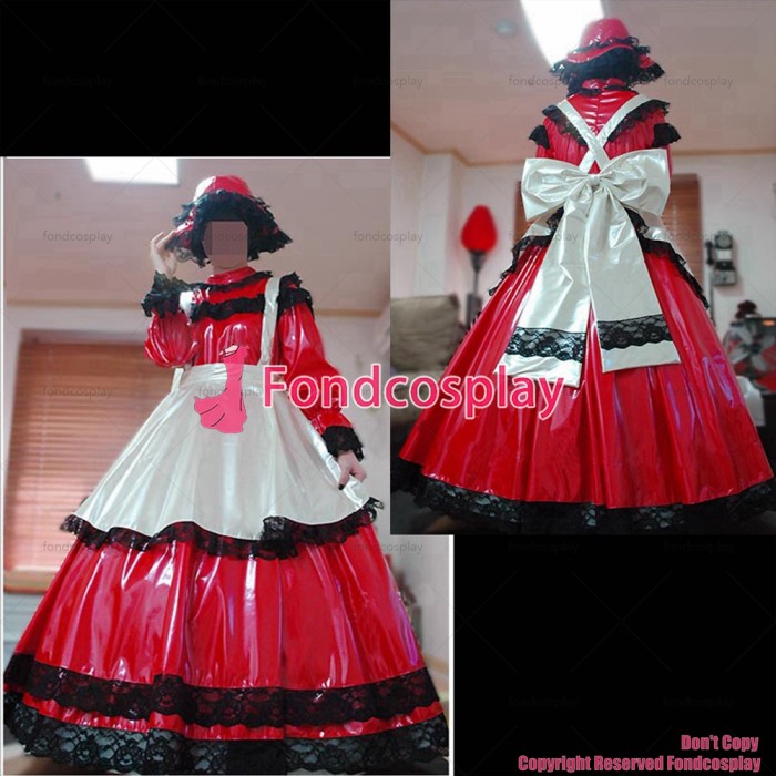 fondcosplay adult sexy cross dressing sissy maid long red thin pvc dress lockable Uniform white apron costume CD/TV[G2472]
