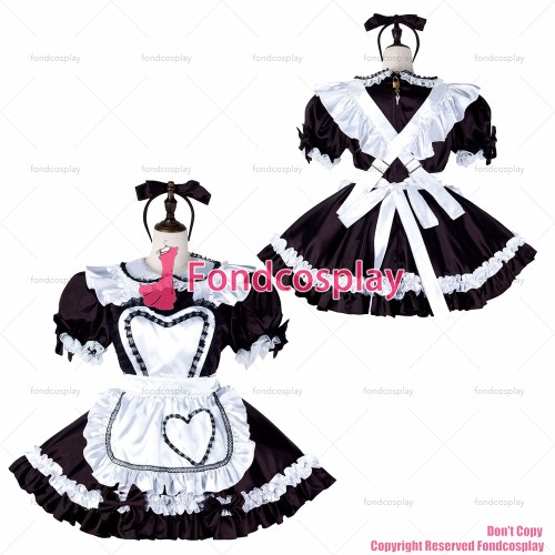 fondcosplay adult sexy cross dressing sissy maid short black satin dress lockable Uniform white apron costume CD/TV[G2235]