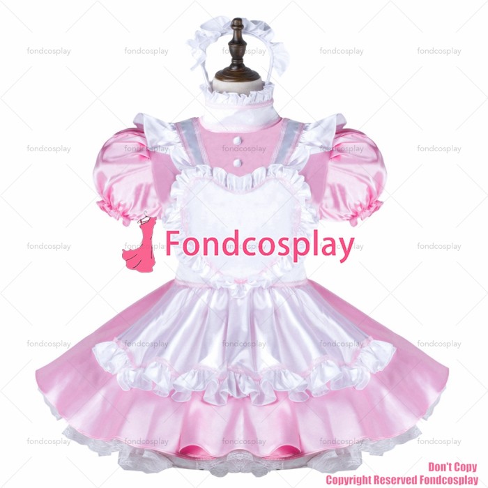 fondcosplay adult sexy cross dressing sissy maid baby pink satin dress lockable Uniform white apron costume CD/TV[G2280]