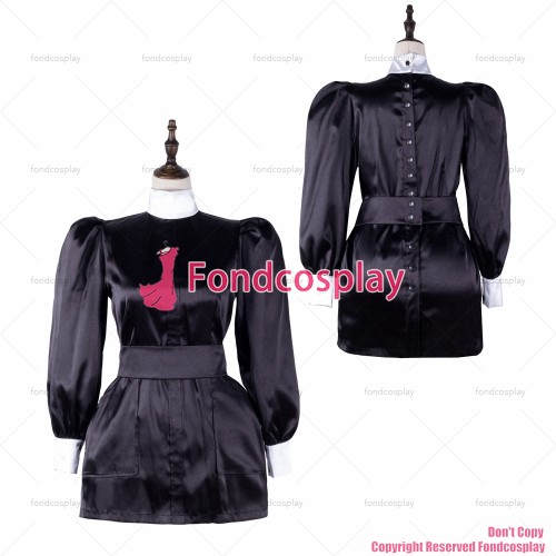 fondcosplay adult sexy cross dressing sissy maid black Buttons satin dress lockable Uniform cosplay costume CD/TV[G2308]