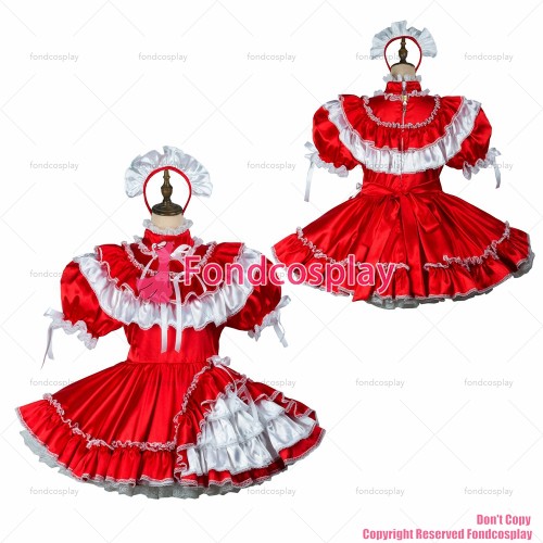 fondcosplay adult sexy cross dressing sissy maid short red satin dress lockable Uniform cosplay costume CD/TV[G2422]