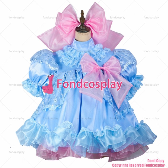 fondcosplay adult sexy cross dressing sissy maid short baby blue satin dress lockable Uniform headpiece CD/TV[G2430]