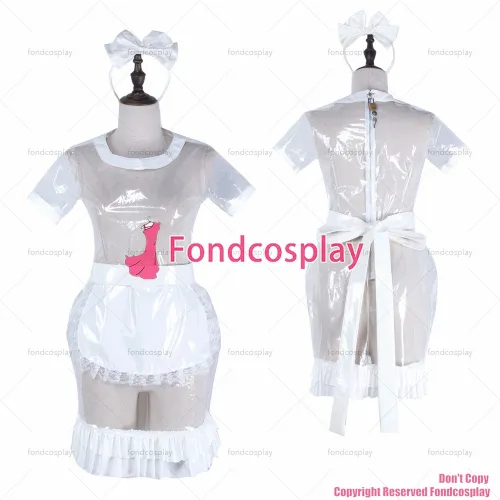 fondcosplay adult sexy cross dressing sissy maid short clear pvc dress lockable Uniform white apron costume CD/TV[G2323]