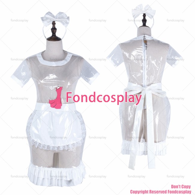 fondcosplay adult sexy cross dressing sissy maid short clear pvc dress lockable Uniform white apron costume CD/TV[G2323]