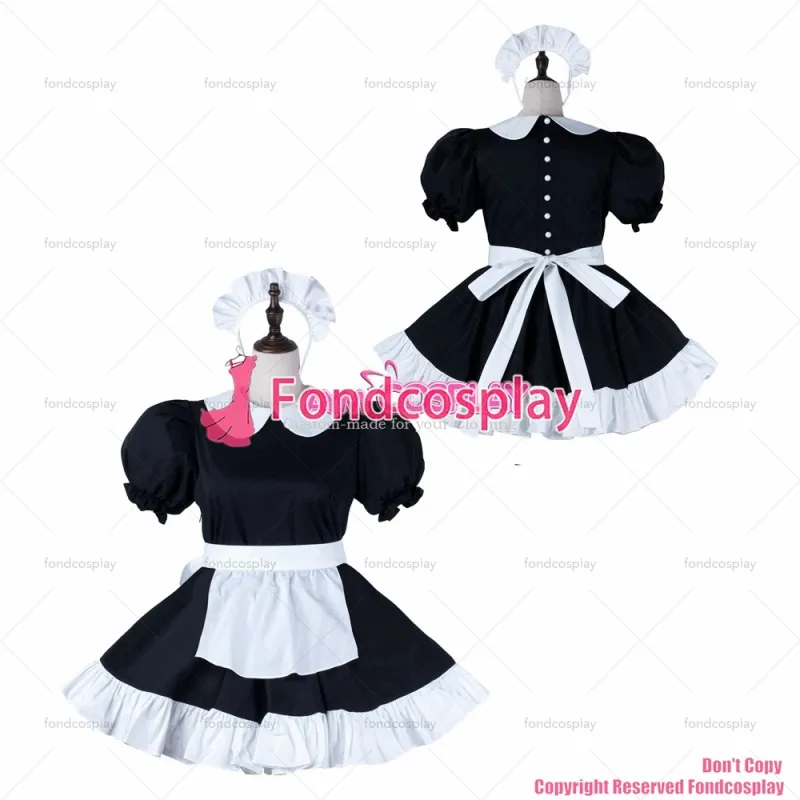 fondcosplay adult sexy cross dressing sissy maid black cotton dress Buttons white apron Peter Pan collar CD/TV[G2273]