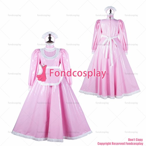 fondcosplay adult sexy cross dressing sissy maid long baby pink heavy pvc dress lockable Uniform apron CD/TV[G2359]