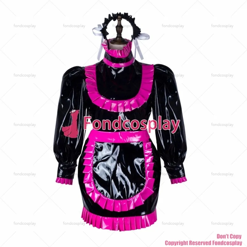 fondcosplay adult sexy cross dressing sissy maid short black heavy pvc dress lockable Uniform apron costume CD/TV[G2353]