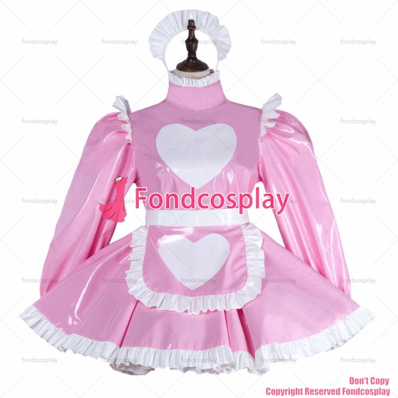 fondcosplay adult sexy cross dressing sissy maid baby pink heavy pvc dress lockable Uniform Heart apron CD/TV[G2284]