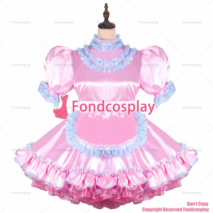 fondcosplay adult sexy cross dressing sissy maid short baby pink satin dress lockable Uniform apron costume CD/TV[G2450]