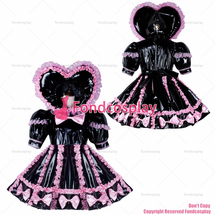 fondcosplay adult sexy cross dressing sissy maid baby black thin PVC Dress lockable heart hood pink Bowknot CD/TV[G2347]