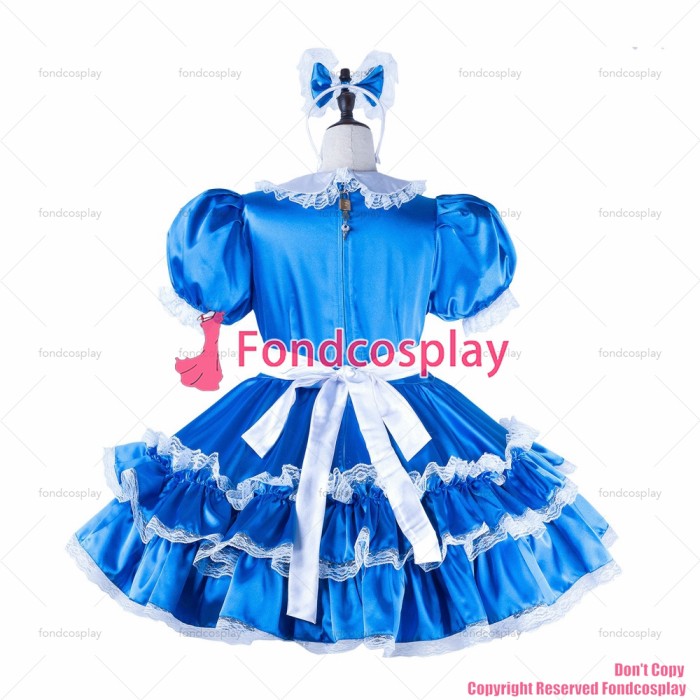 fondcosplay sexy cross dressing sissy maid blue satin dress lockable Uniform white apron Peter Pan collar CD/TV[G2262]