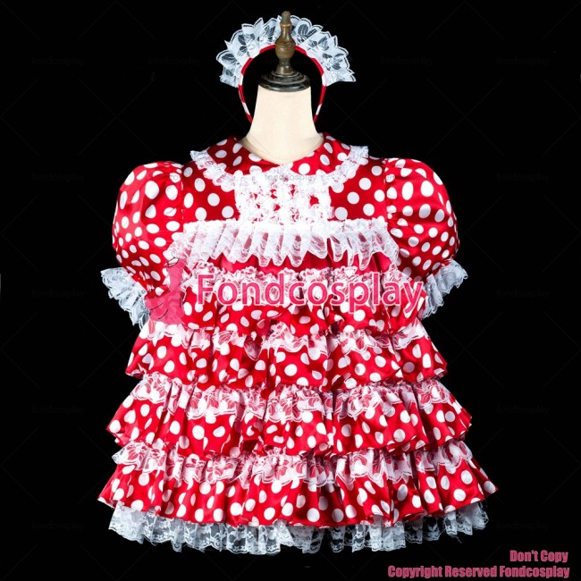 fondcosplay adult sexy cross dressing sissy maid short red Dots satin dress lockable Uniform Peter Pan collar CD/TV[G2414]