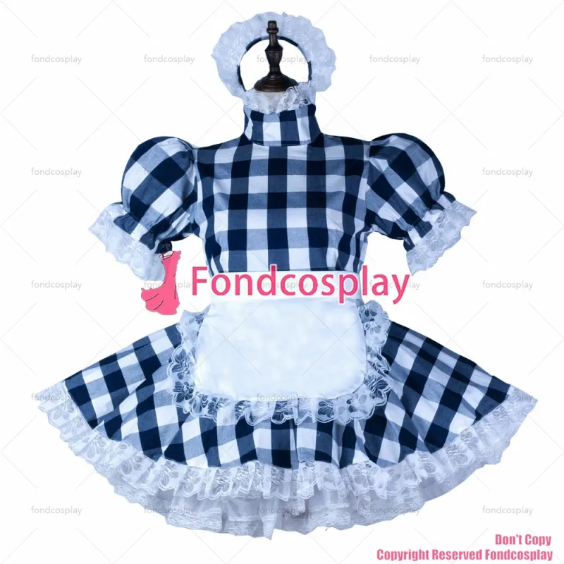 fondcosplay adult sexy cross dressing sissy maid Navy blue lattice cotton dress lockable Uniform white apron CD/TV[G2355]