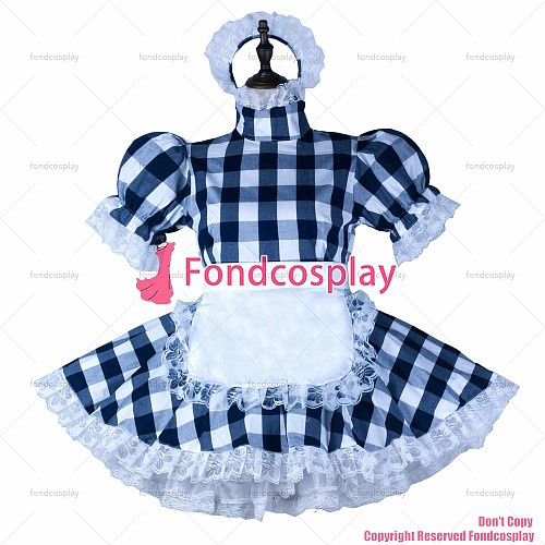 fondcosplay adult sexy cross dressing sissy maid Navy blue lattice cotton dress lockable Uniform white apron CD/TV[G2355]