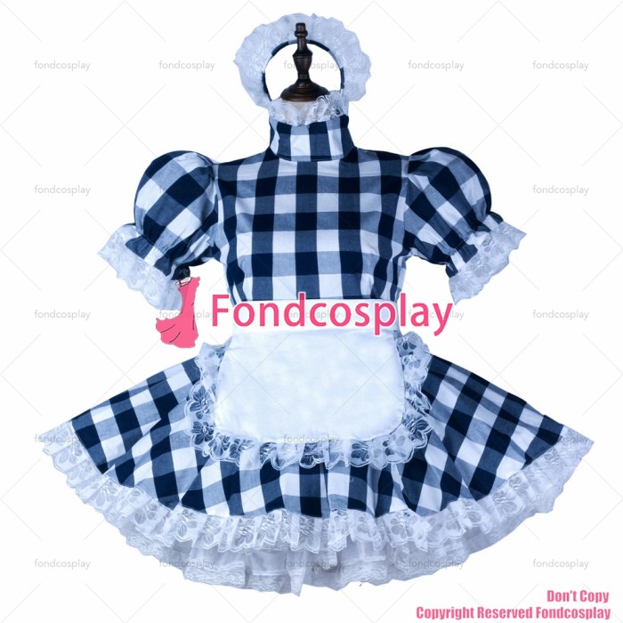 fondcosplay adult sexy cross dressing sissy maid Navy blue lattice cotton dress lockable Uniform white apron CD/TV[G2355]