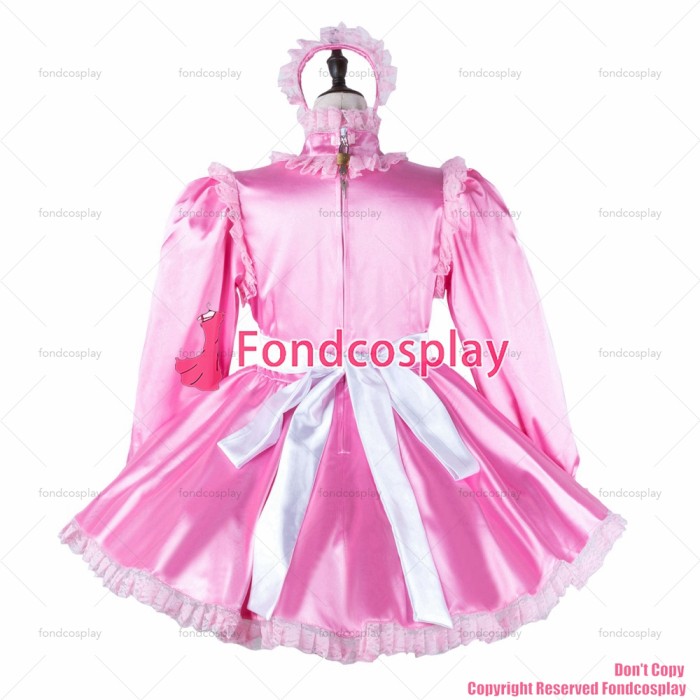 fondcosplay adult sexy cross dressing sissy maid short baby pink satin dress lockable Uniform white apron CD/TV[G2272]