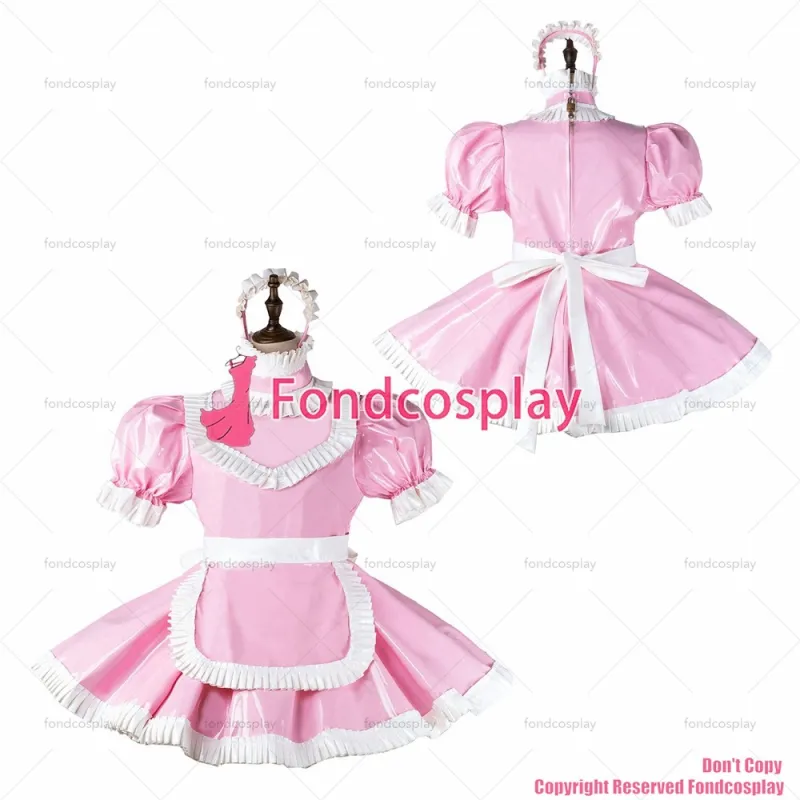 fondcosplay adult sexy cross dressing sissy maid baby pink heavy pvc dress lockable Uniform apron costume CD/TV[G2261]