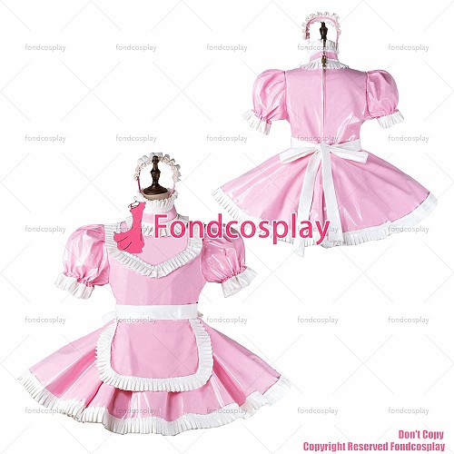 fondcosplay adult sexy cross dressing sissy maid baby pink heavy pvc dress lockable Uniform apron costume CD/TV[G2261]