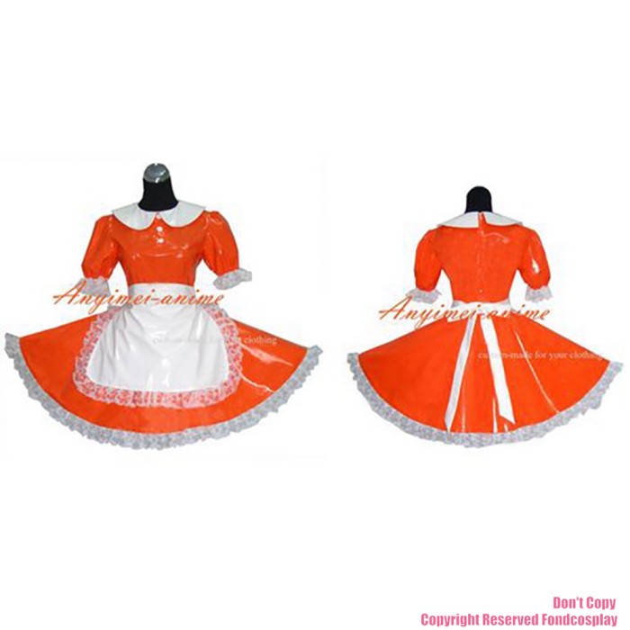 fondcosplay adult sexy cross dressing sissy maid orange thin PVC dress lockable Uniform white apron costume CD/TV[G262]