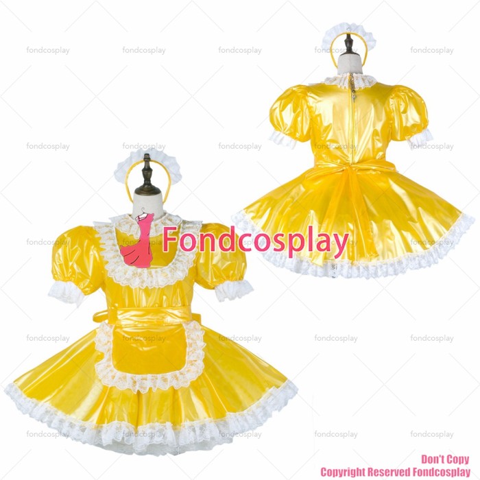 fondcosplay adult sexy cross dressing sissy maid short yellow clear pvc dress lockable Uniform apron costume CD/TV[G2282]