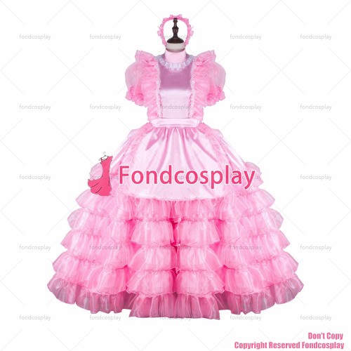 fondcosplay adult sexy cross dressing sissy maid long baby pink organza satin dress lockable Uniform apron CD/TV[G2259]