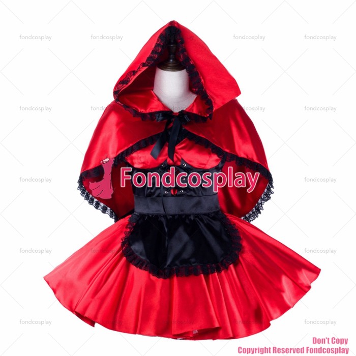 fondcosplay adult sexy cross dressing sissy maid short red satin dress black apron cape Uniform costume CD/TV[G2329]