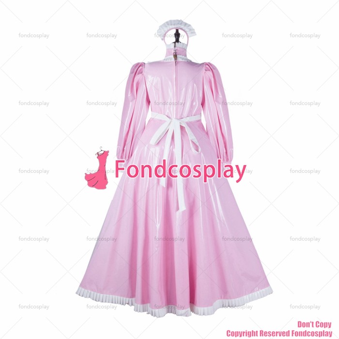fondcosplay adult sexy cross dressing sissy maid long baby pink heavy pvc dress lockable Uniform apron CD/TV[G2359]