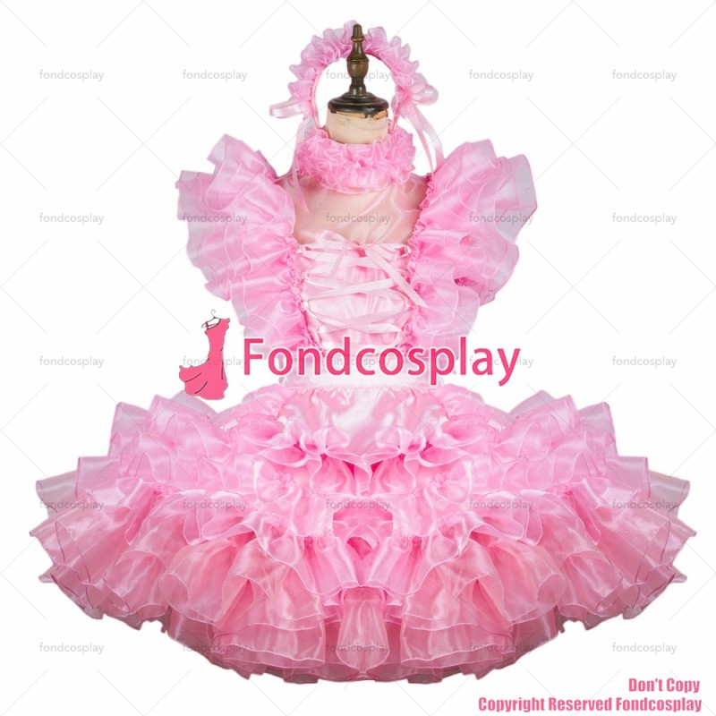 fondcosplay adult sexy cross dressing sissy maid short baby pink organza satin dress lockable Uniform apron CD/TV[G2451]