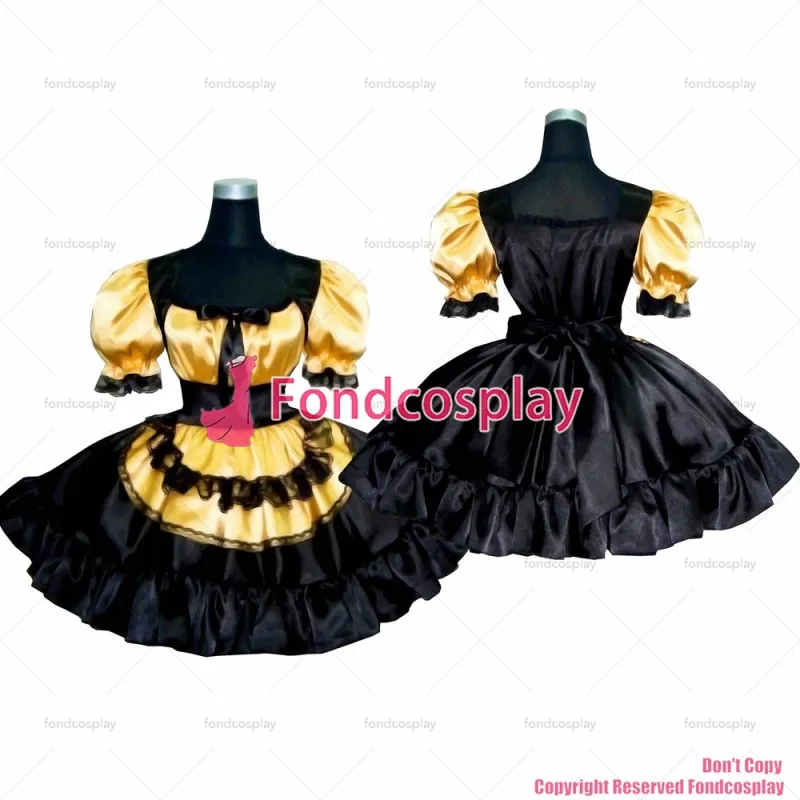 fondcosplay adult sexy cross dressing sissy maid short Gold Balck Satin Dress Lockable Uniform apron Costume CD/TV[G276]