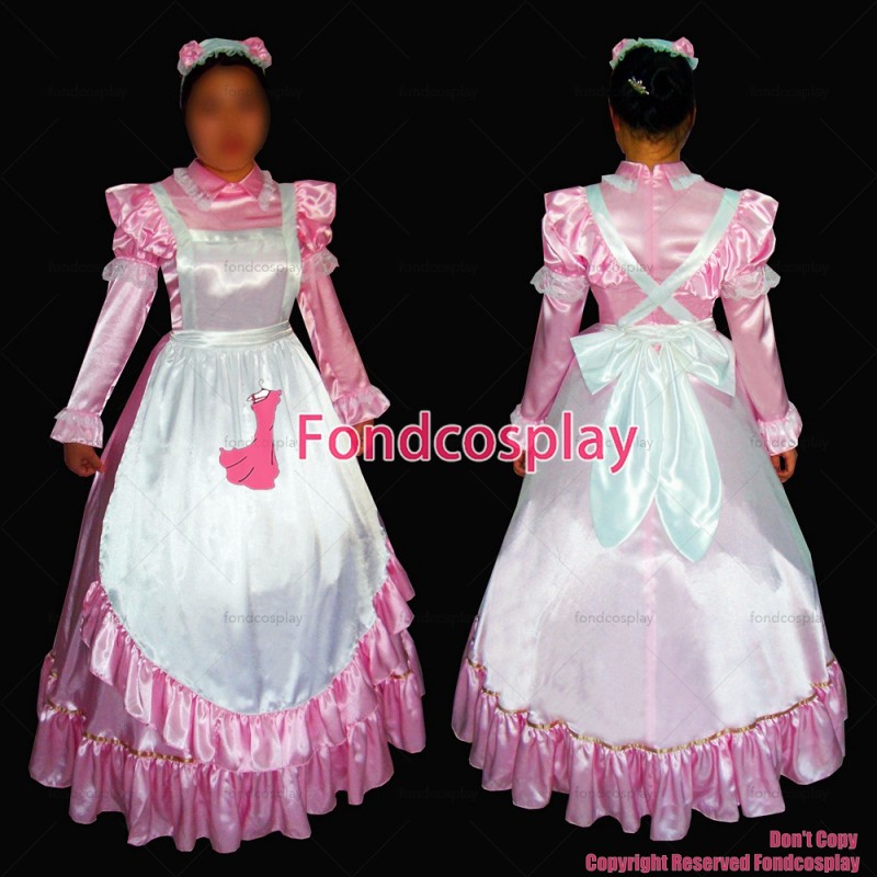 fondcosplay adult sexy cross dressing sissy maid long pink satin dress lockable Uniform white apron costume CD/TV[G272]
