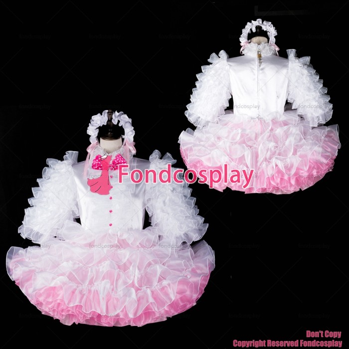 fondcosplay adult sexy cross dressing sissy maid short lockable baby white satin organza dress sweet CD/TV[G2394]