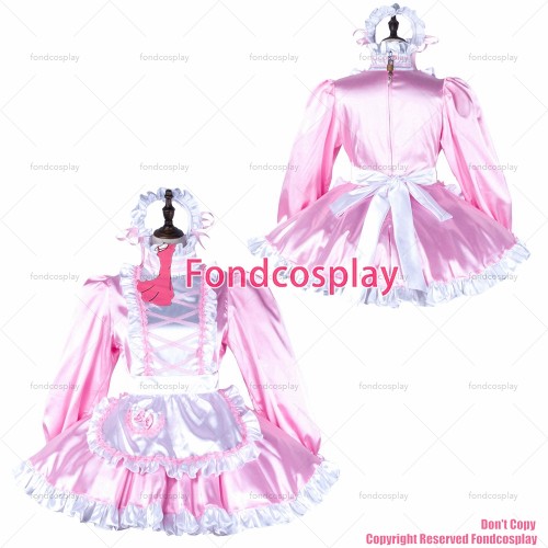 fondcosplay adult sexy cross dressing sissy maid short baby pink satin dress lockable Uniform white apron CD/TV[G2341]