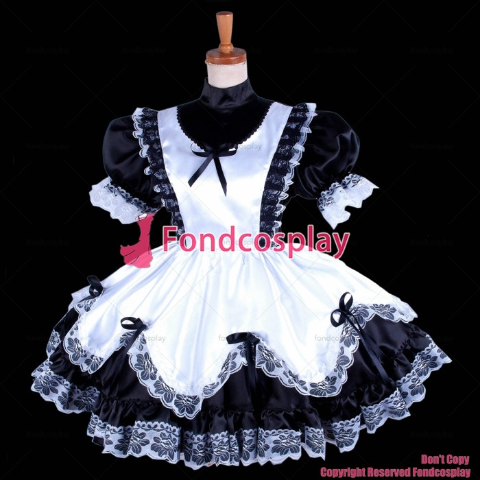fondcosplay adult sexy cross dressing sissy maid short black Satin Dress Lockable Uniform white arpon Costume CD/TV[G281]