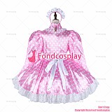 fondcosplay adult sexy cross dressing sissy maid baby pink Dots satin dress lockable Uniform white apron CD/TV[G2265]