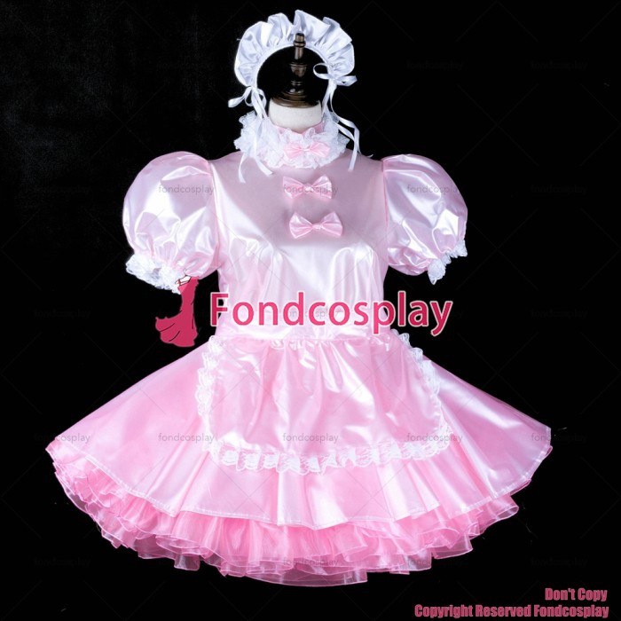 fondcosplay adult sexy cross dressing sissy maid short baby pink clear pvc dress lockable Uniform apron CD/TV[G2316]