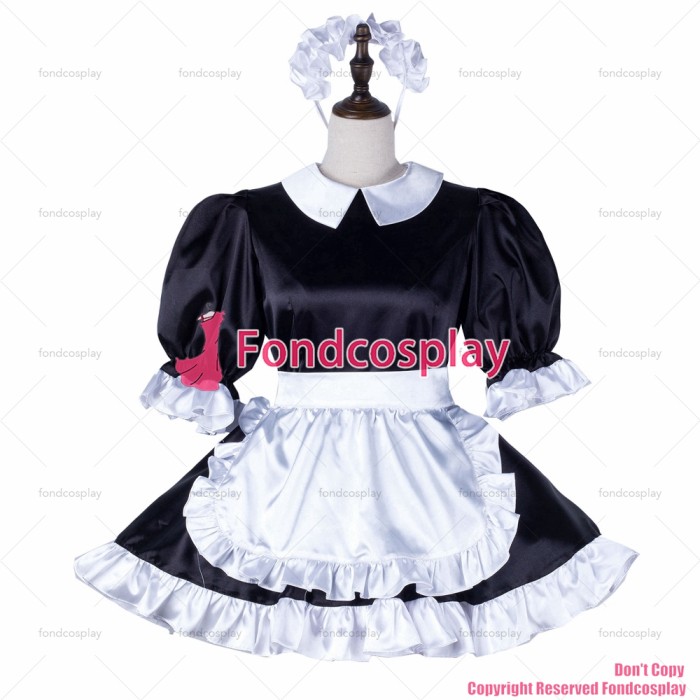 fondcosplay sexy cross dressing sissy maid black satin dress Buttons white apron Peter Pan collar CD/TV[G2234]
