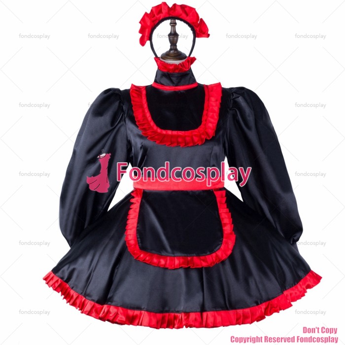 fondcosplay adult sexy cross dressing sissy maid short black satin dress lockable Uniform apron costume CD/TV[G2333]