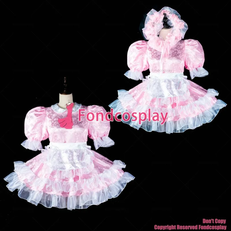 fondcosplay adult sexy cross dressing sissy maid baby pink satin dress lockable Uniform white aporn headpiece CD/TV[G2407]