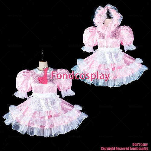 fondcosplay adult sexy cross dressing sissy maid baby pink satin dress lockable Uniform white aporn headpiece CD/TV[G2407]