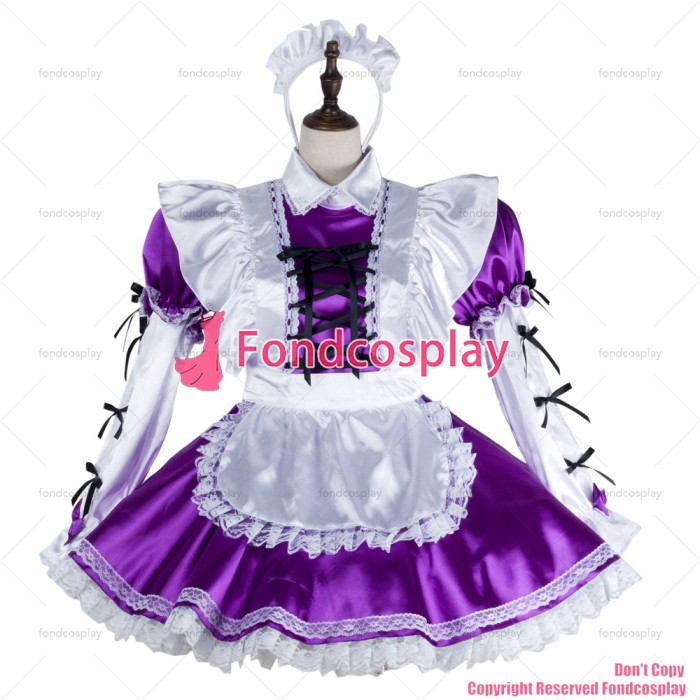 fondcosplay adult sexy cross dressing sissy maid Purple satin dress lockable Uniform white apron costume CD/TV[G2405]