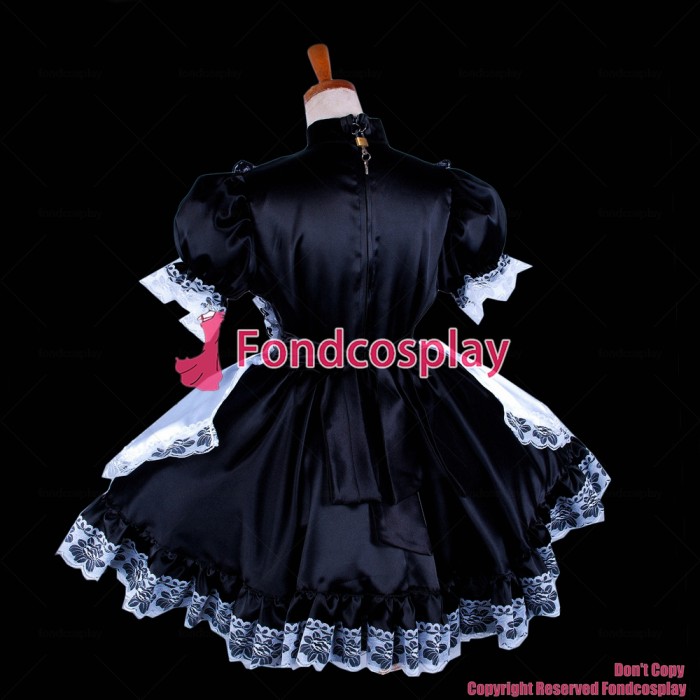 fondcosplay adult sexy cross dressing sissy maid short black Satin Dress Lockable Uniform white arpon Costume CD/TV[G281]