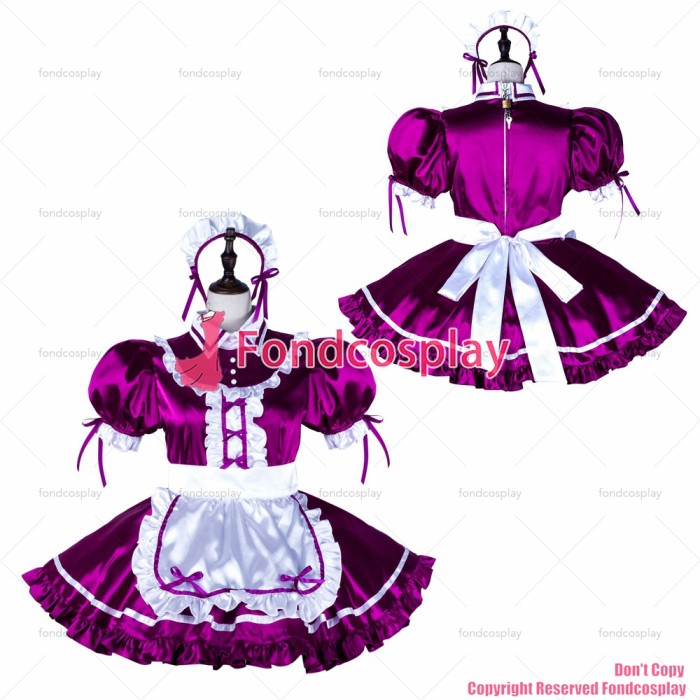 fondcosplay adult sexy cross dressing sissy maid Purple satin dress lockable Uniform white apron costume CD/TV[G2251]