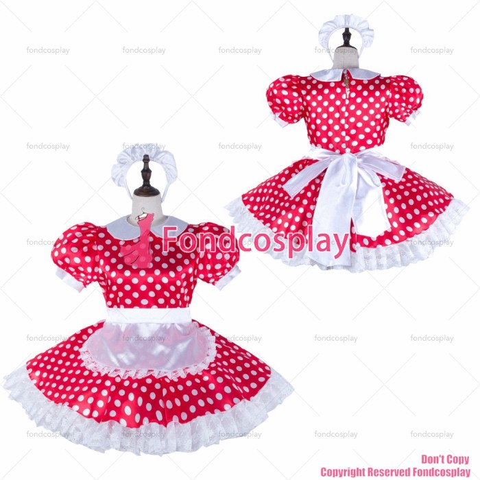 fondcosplay adult sexy cross dressing sissy maid red dots satin dress lockable Uniform white apron costume CD/TV[G2306]