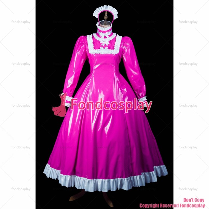 fondcosplay adult sexy cross dressing sissy maid long hot pink pvc dress lockable Uniform cosplay costume CD/TV[G2416]