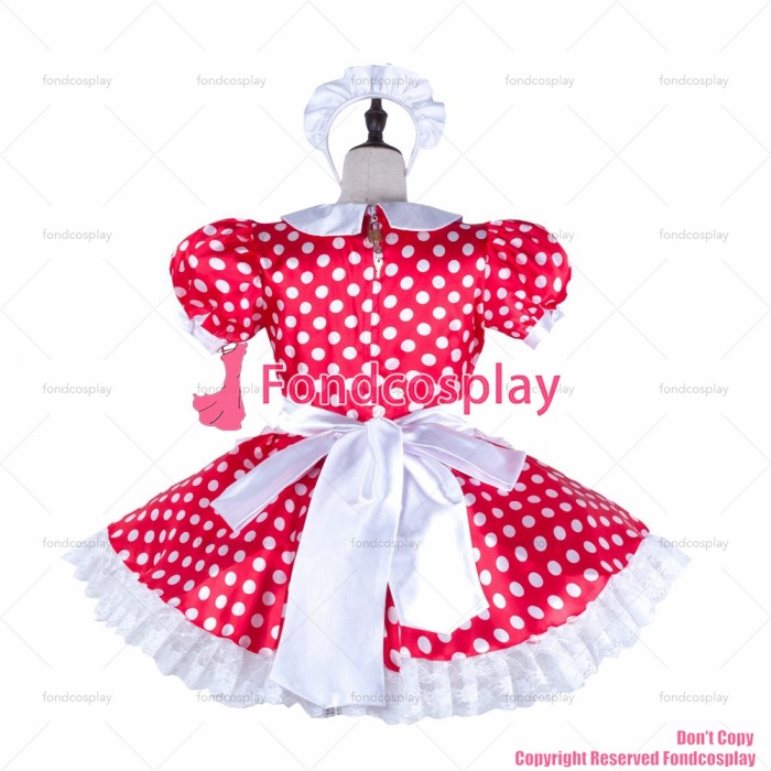 fondcosplay adult sexy cross dressing sissy maid red dots satin dress lockable Uniform white apron costume CD/TV[G2306]